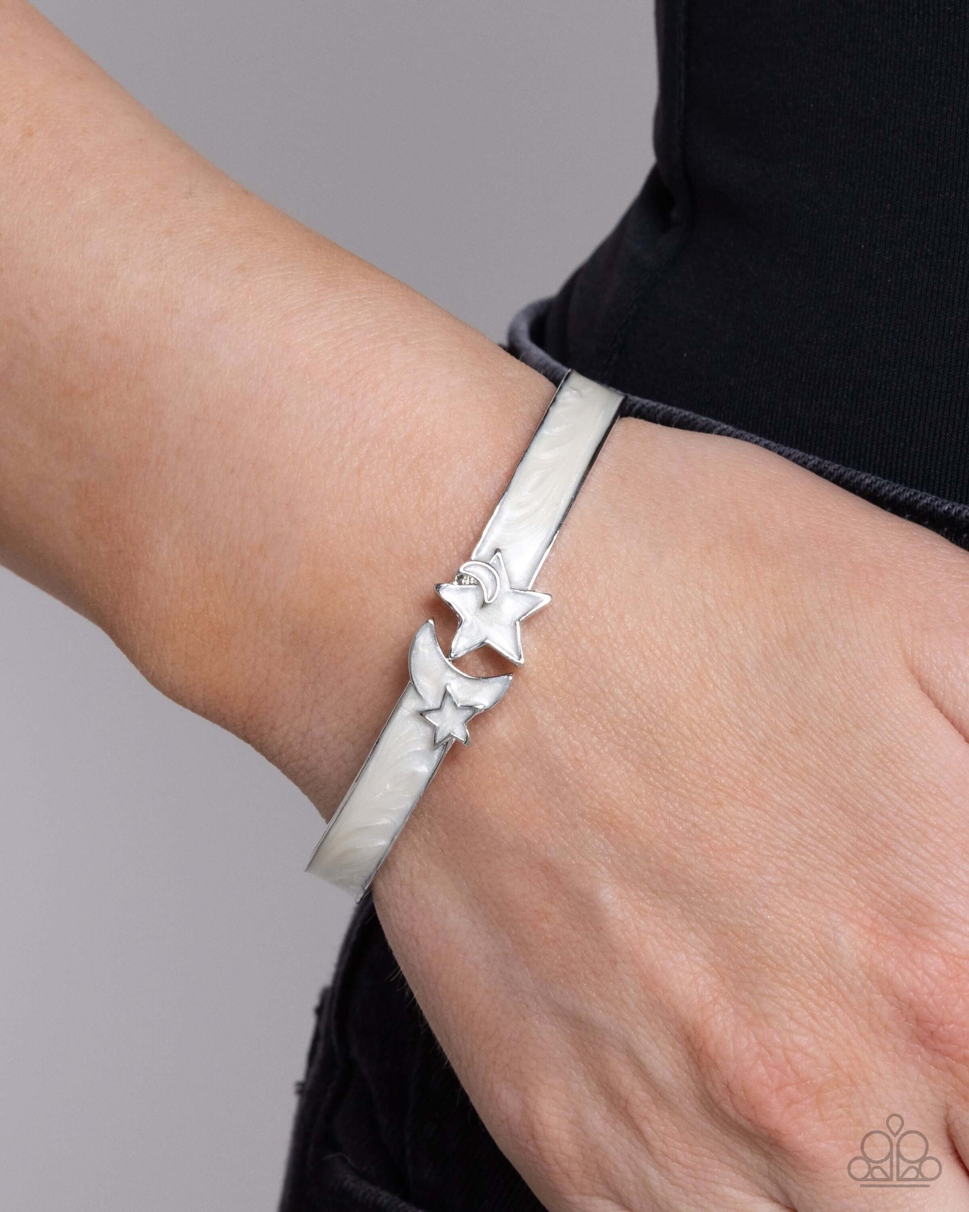 Celestial Cutie - White Paparazzi Bracelet Accessories,Bracelet,hinge closure,MOON,Pearls,Stars,White