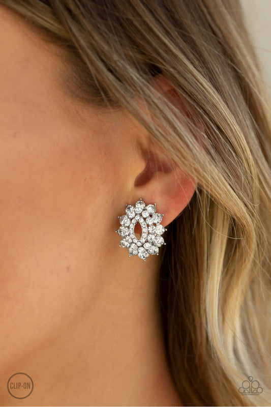 Paparazzi Earring ~ Brighten The Moment - White CLIP ON EARRINGS $5 Jewelry with Janet Morgan Earrings