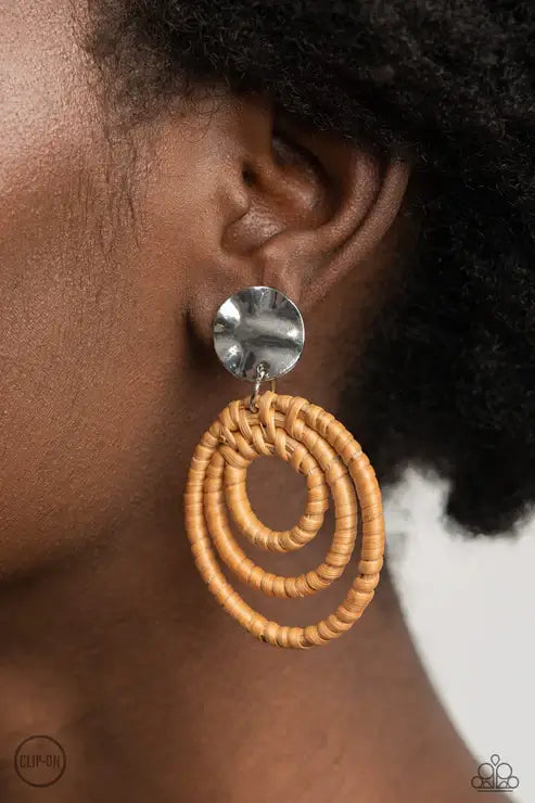 Paparazzi Whimsically Wicker - Brown Clip-On Accessories,Clip On Earrings,earrings