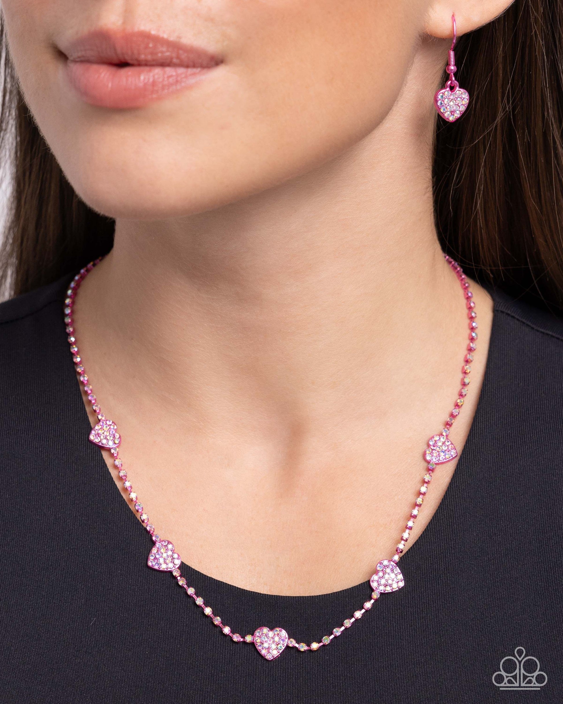 Homecoming Hearts - Pink Paparazzi Necklace Accessories,Hearts,Iridescence,Metalic,Necklace,Pink,Short Necklace