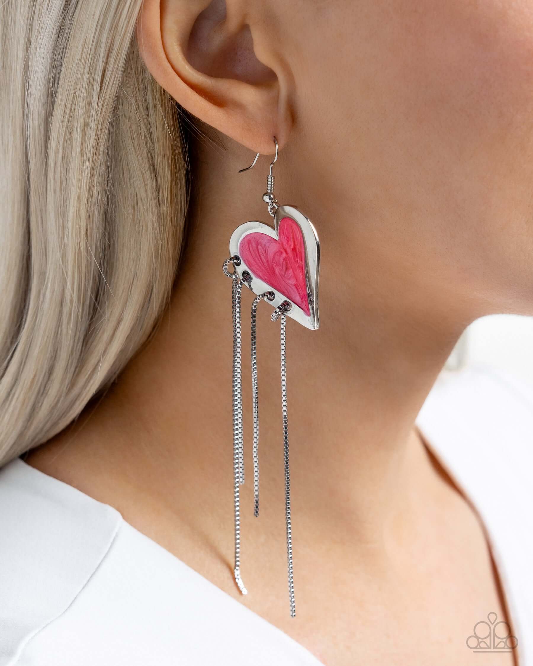 Sweetheart Specialty - Pink Paparazzi Heart Earrings Accessories,earrings,Hearts,Pink,Silver Accents