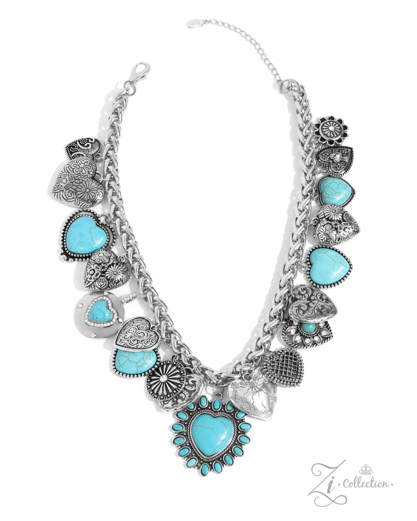 Devoted Paparazzi ZiCollection Turquoise Necklace Accessories,Hearts,Necklace,Short Necklace,Silver Accents,Turquoise,ZiCollection