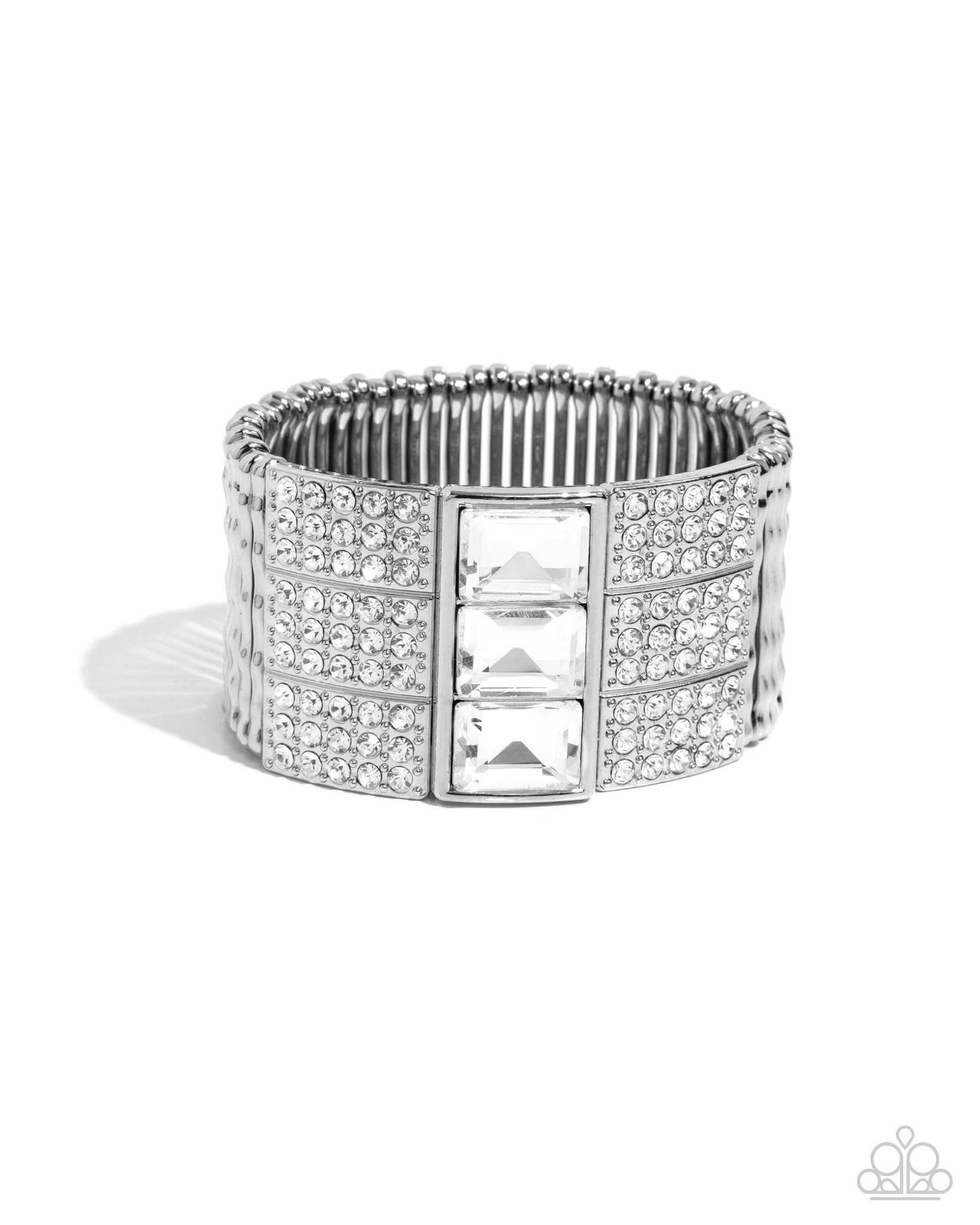 Dramatic Diva white Paparazzi bracelet with silver bars and white rhinestones on elastic bands for a dazzling finish.