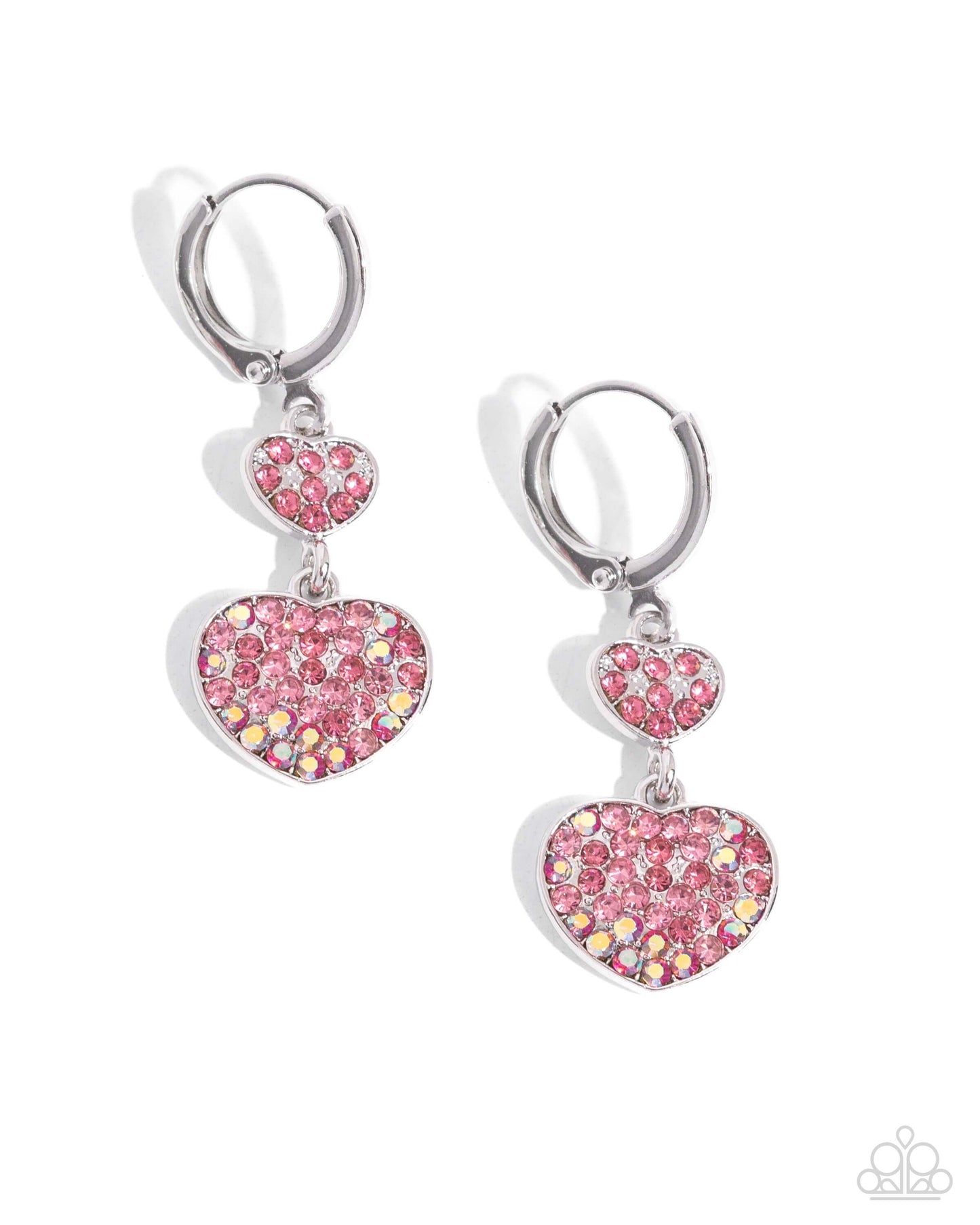 Pink Paparazzi Heart Earrings with rose rhinestones for Valentines Day, dangling silver hearts with prismatic design and hinge closure