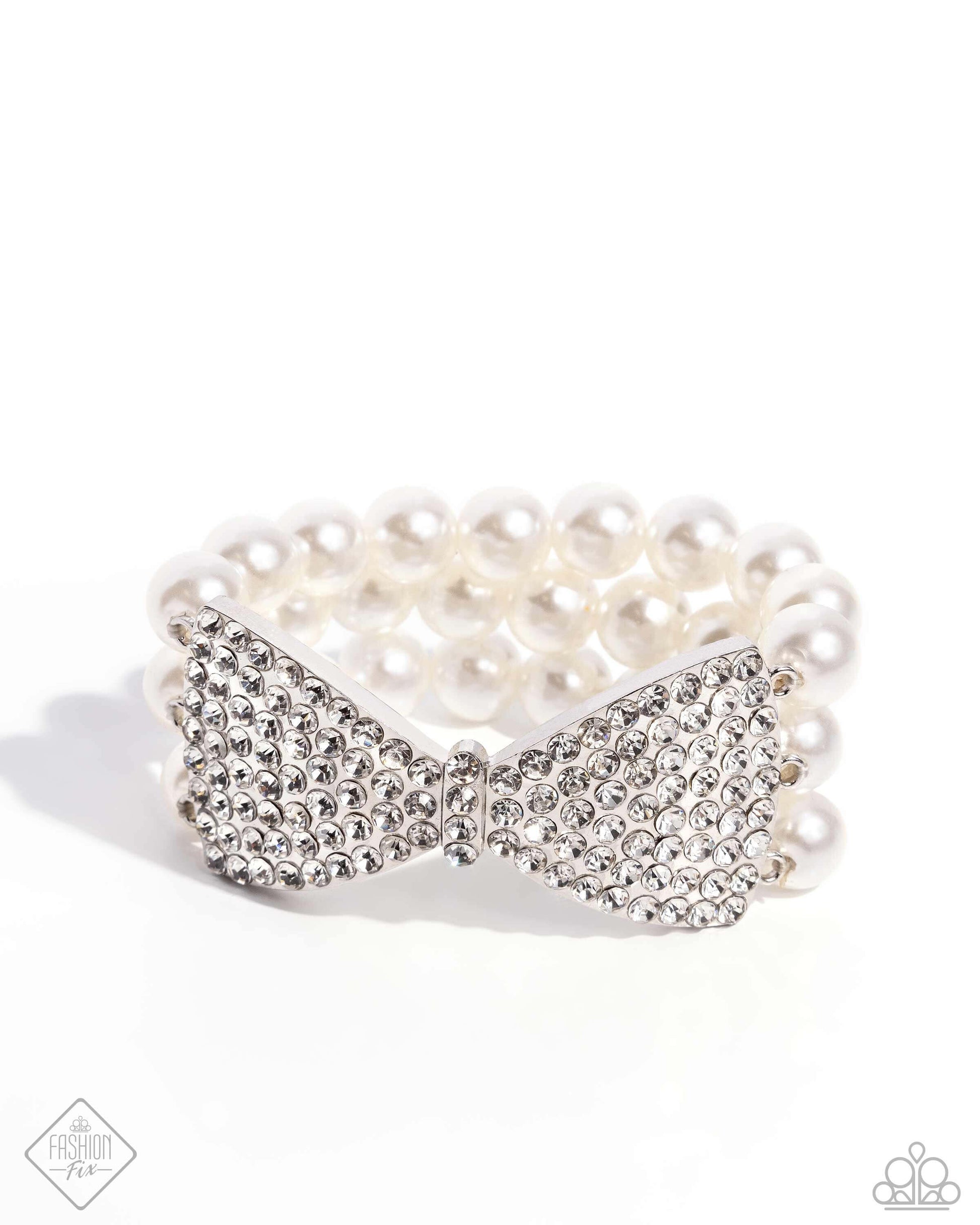 Dashing Demeanor - White Paparazzi Pearl Bow Bracelet Accessories,Bow,Bracelet,Pearls,Stretchy,White,White rhinestones