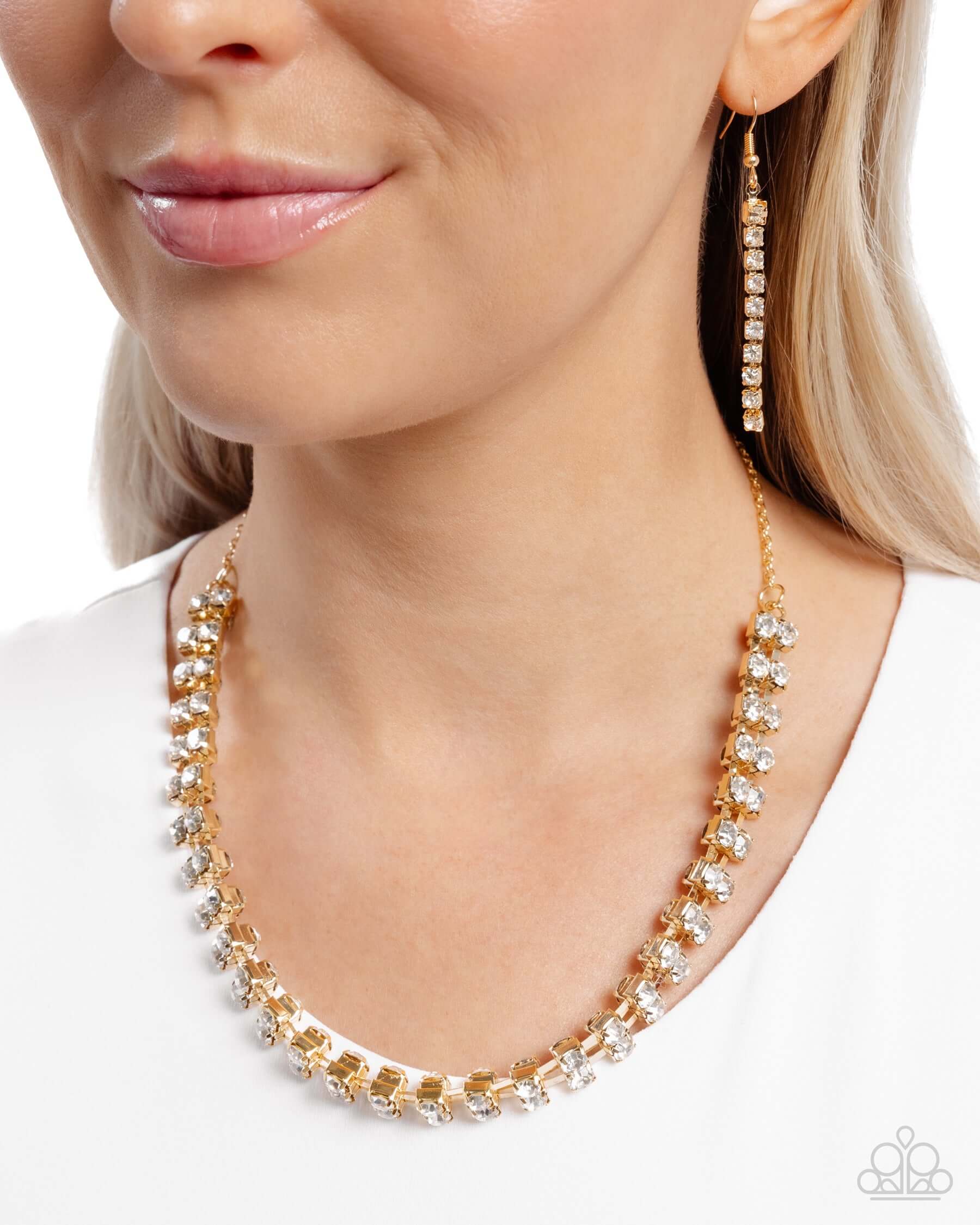 Linked Lady - Gold Paparazzi Necklace Accessories,Gold,Necklace,Short Necklace,White rhinestones