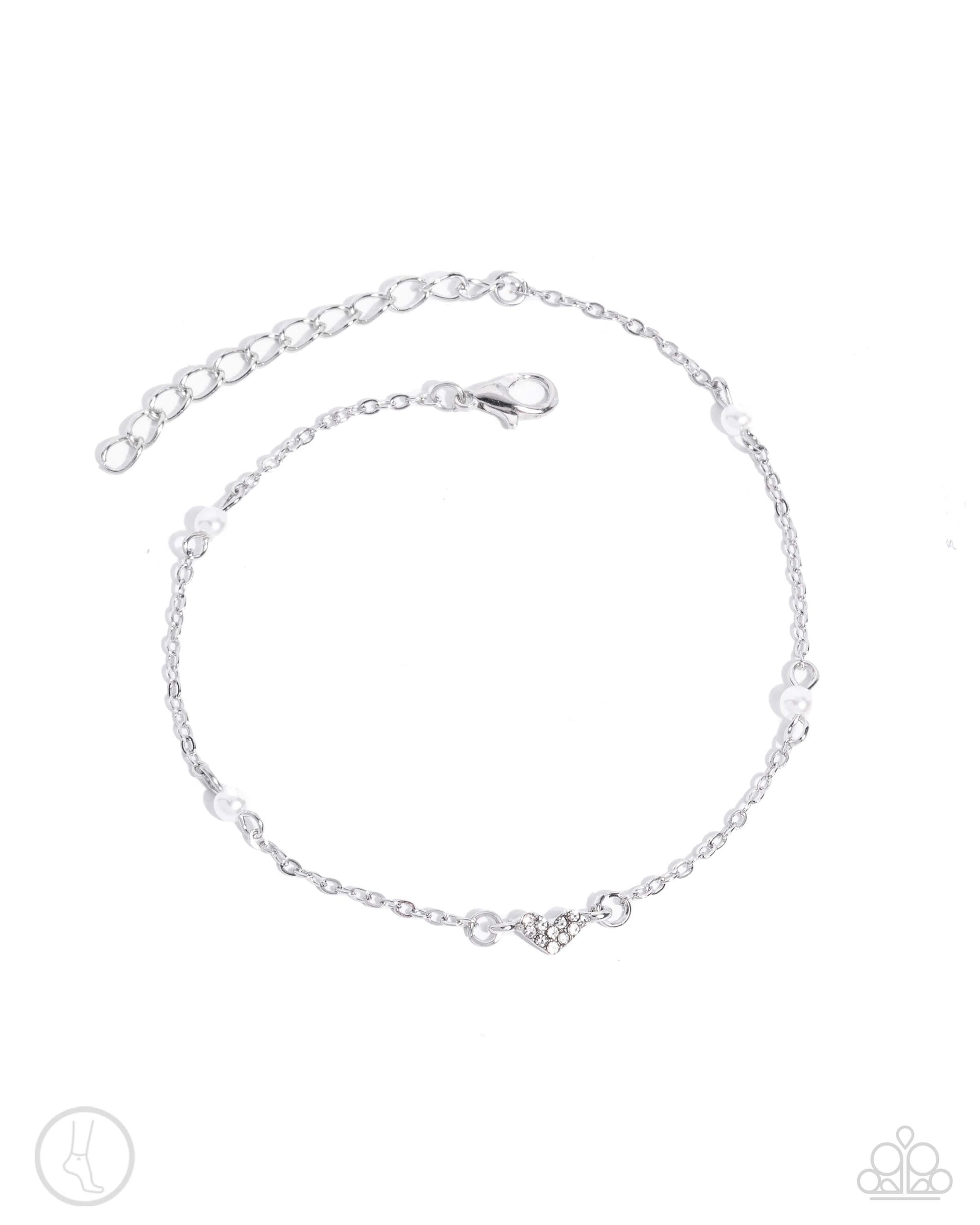 Ladylike white pearl and rhinestone heart anklet with adjustable silver chain clasp for preorder.