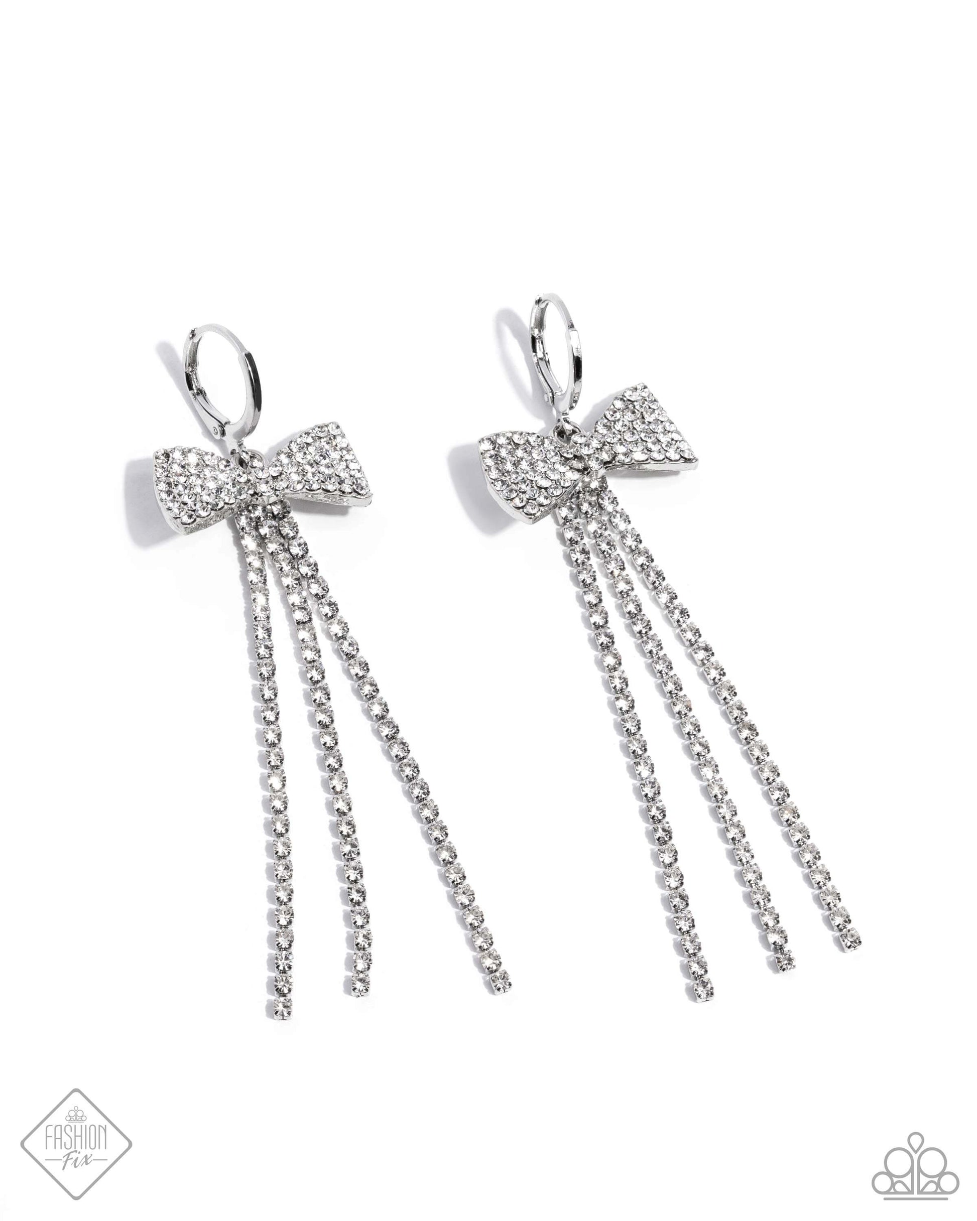 Dashing Daydream - White Paparazzi Bow Earrings Accessories,Bow,earrings,Silver,White rhinestones