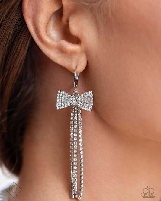 Dashing Daydream - White Paparazzi Bow Earrings Accessories,Bow,earrings,Silver,White rhinestones