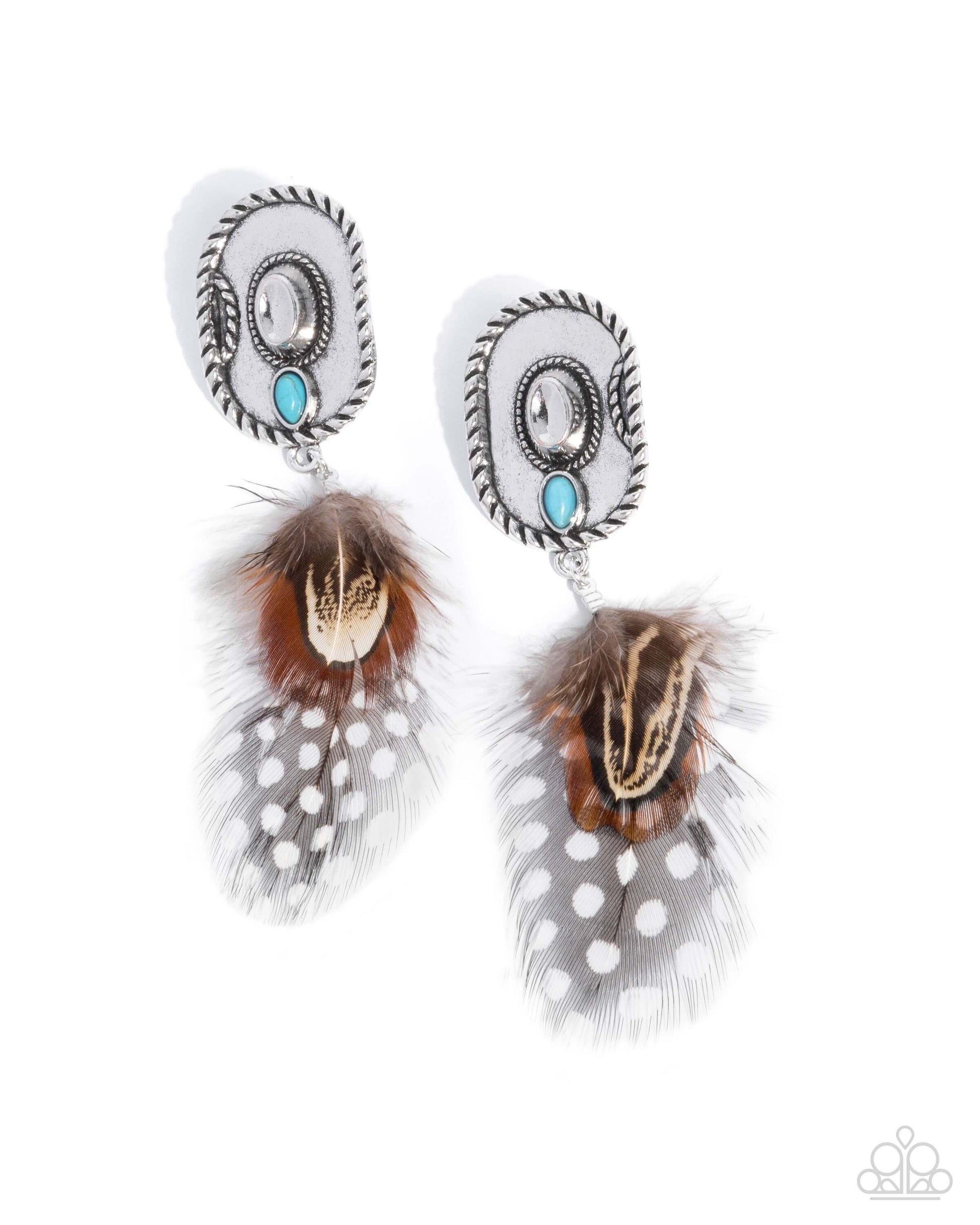 Feathered Fairy Tale - Brown Paparazzi Earrings Accessories,Brown,earrings,Feathers,Turquoise,Western,Western Design