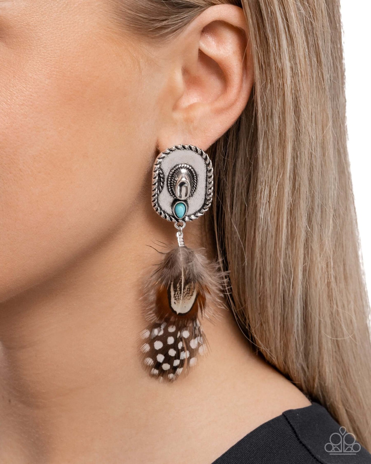 Feathered Fairy Tale - Brown Paparazzi Earrings Accessories,Brown,earrings,Feathers,Turquoise,Western,Western Design