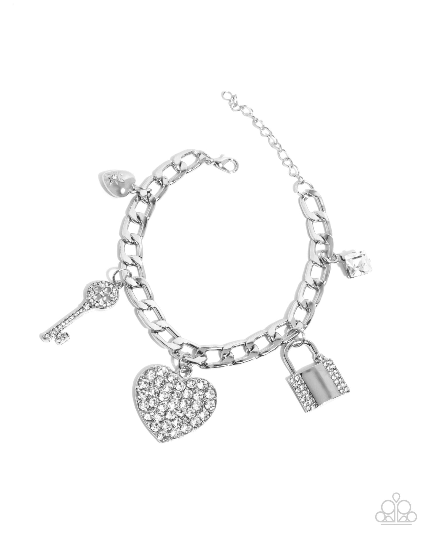 Fortified Fashion - White Paparazzi Charm Heart Bracelet Accessories,Bracelet,Charms,Hearts,Locket Inspired,Silver,White rhinestones