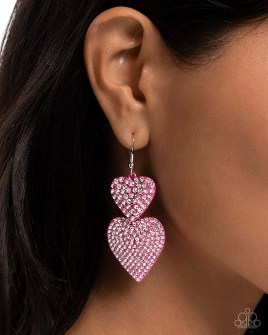 Never Enough Sparkle - Pink Paparazzi Heart Earrings Accessories,earrings,Hearts,Pink