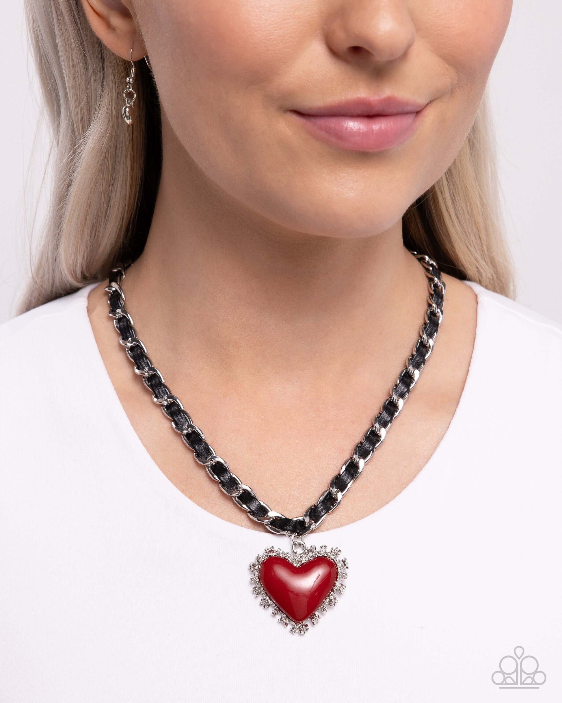 Austere Attraction - Red Paparazzi Earrings Accessories,Black,Hearts,Leather,Necklace,Red,Short Necklace,Silver Accents