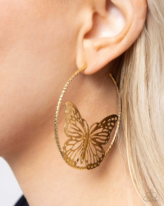 Aerial Alias - Gold Paparazzi Hoop Butterfly Earrings Accessories,Butterfly,earrings,Gold,Hoops