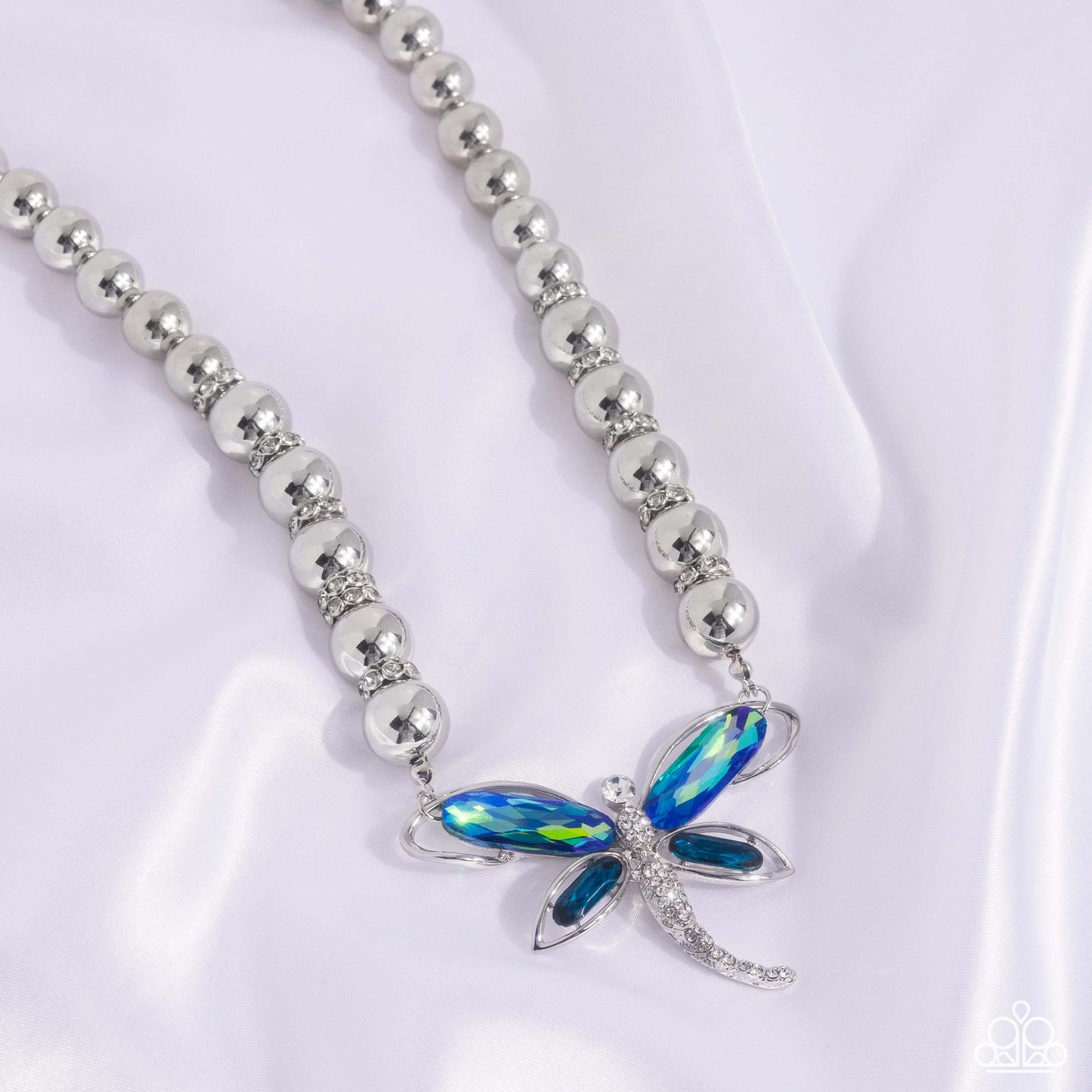 Sense of Propriety - Green Paparazzi Dragonfly Necklace Accessories,Blue,Dragonfly,Green,Life of the Party Exclusive,Necklace,Short Necklace,Silver Accents