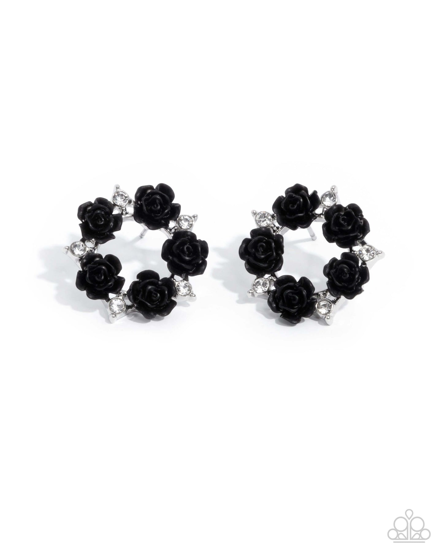 Grace Personified - Black Paparazzi Rose Post Earrings Accessories,Black,earrings,Post,Roses,Silver Accents