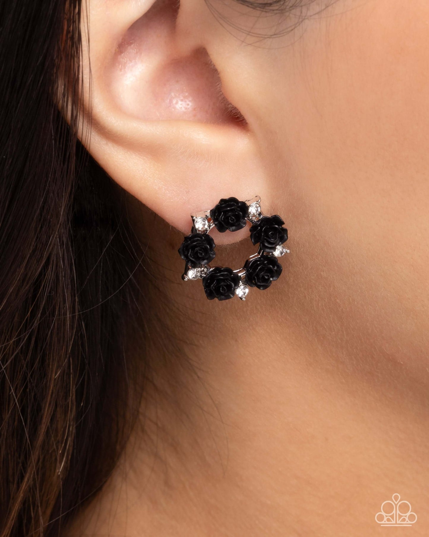 Grace Personified - Black Paparazzi Rose Post Earrings Accessories,Black,earrings,Post,Roses,Silver Accents