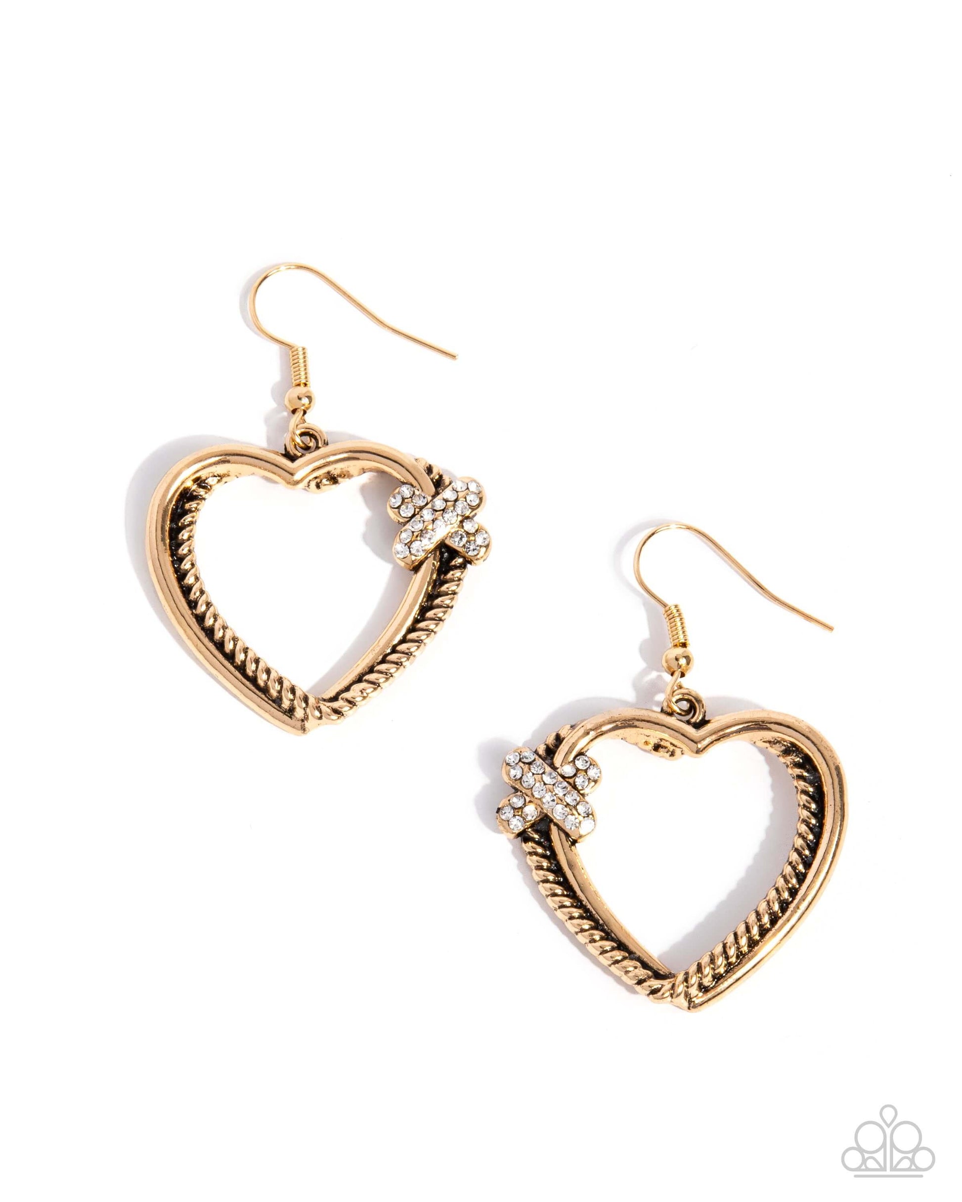 Crisscross Courtship - Gold Paparazzi Heart Earrings Accessories,earrings,Gold,Hearts