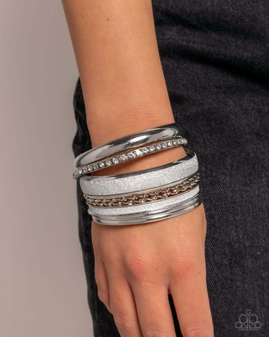 Smoldering Stack - Silver Paparazzi Bangle Bracelet Accessories,Bangle,Bracelet,Silver,White rhinestones