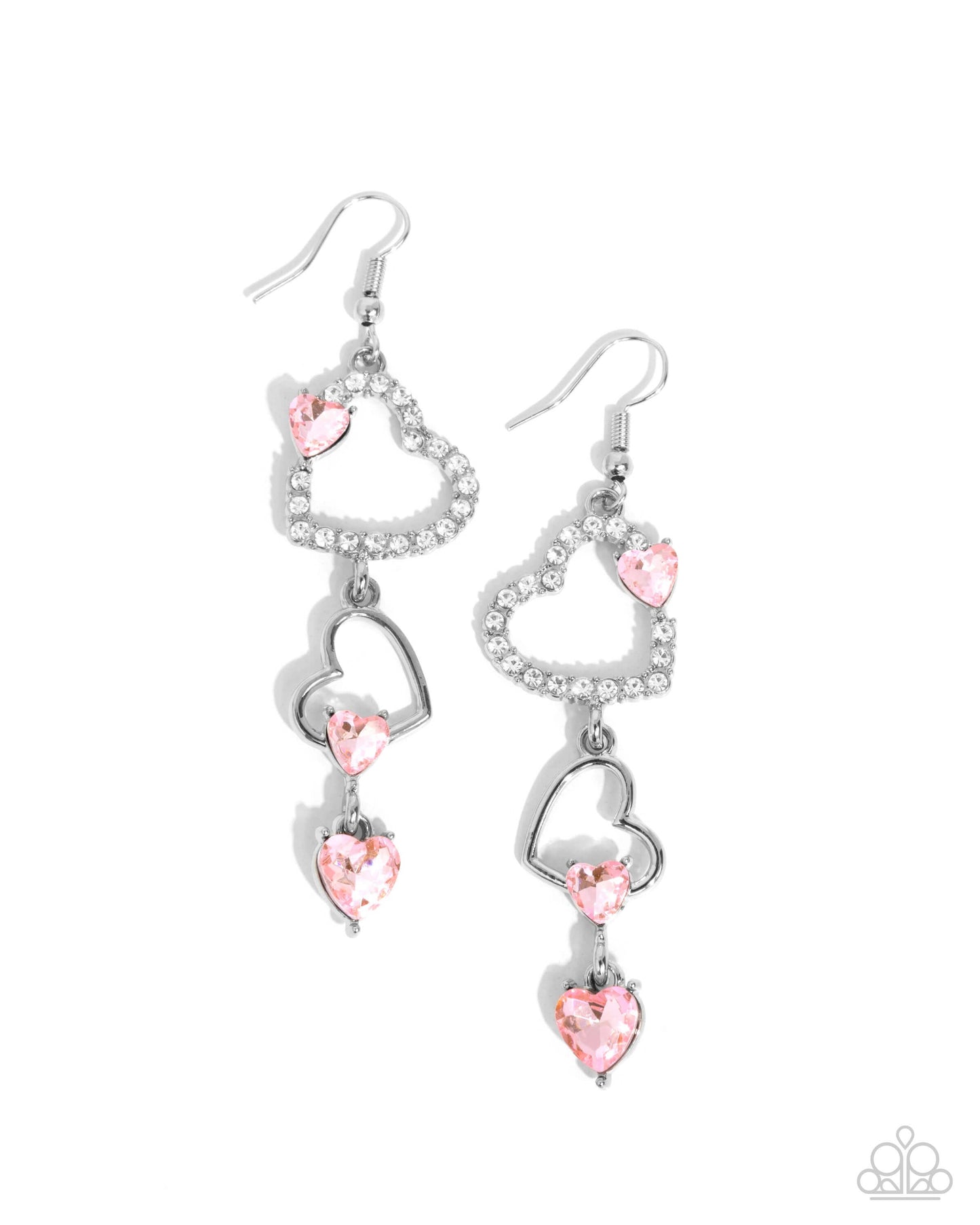 Courting Cascade - Pink Paparazzi Heart Earrings Accessories,earrings,Hearts,Pink,Silver Accents