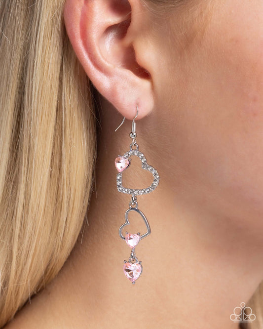 Courting Cascade - Pink Paparazzi Heart Earrings Accessories,earrings,Hearts,Pink,Silver Accents