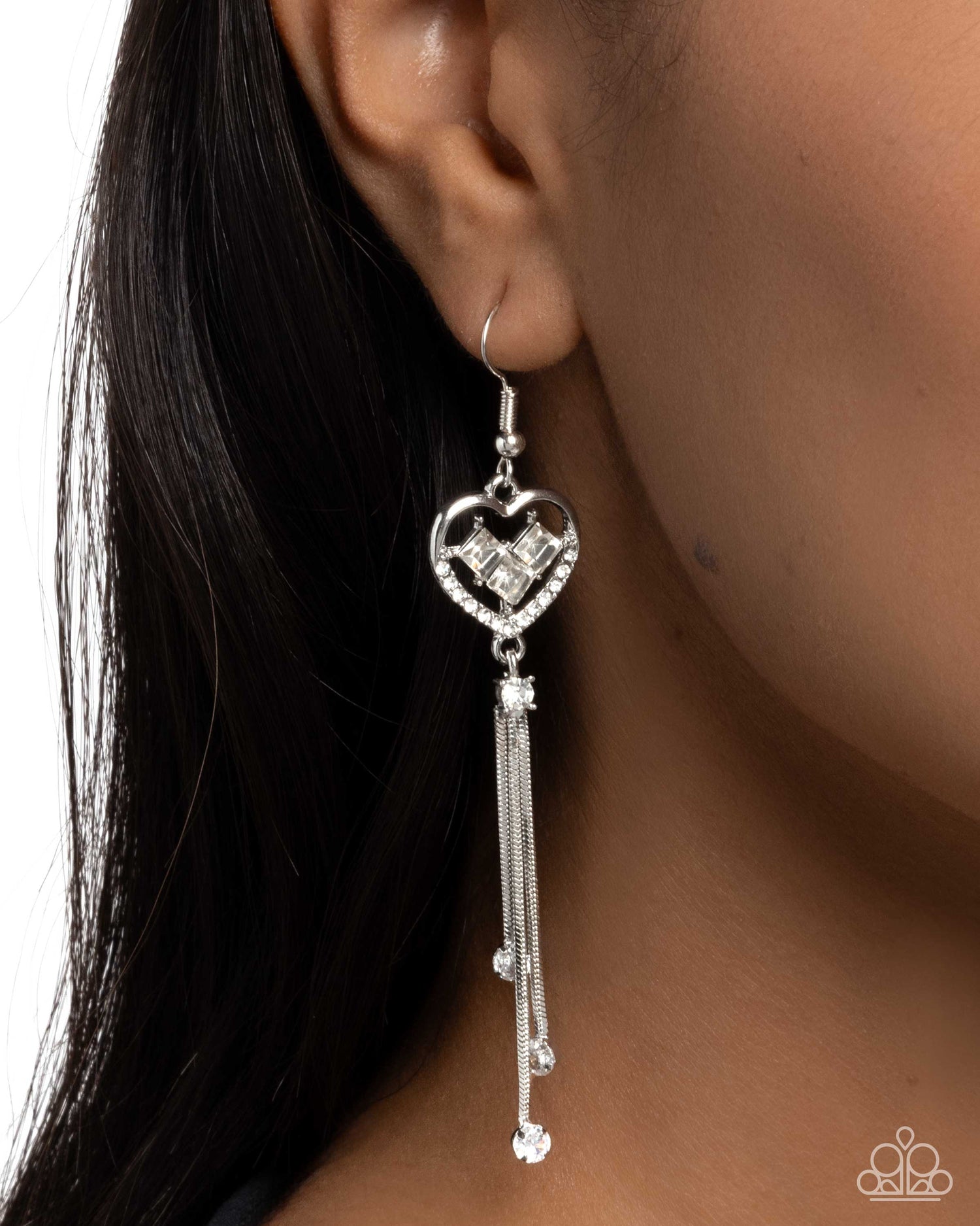 PREORDER ~ Cascading Character - White Paparazzi Heart Earrings Accessories,earrings,Hearts,Silver,White rhinestones