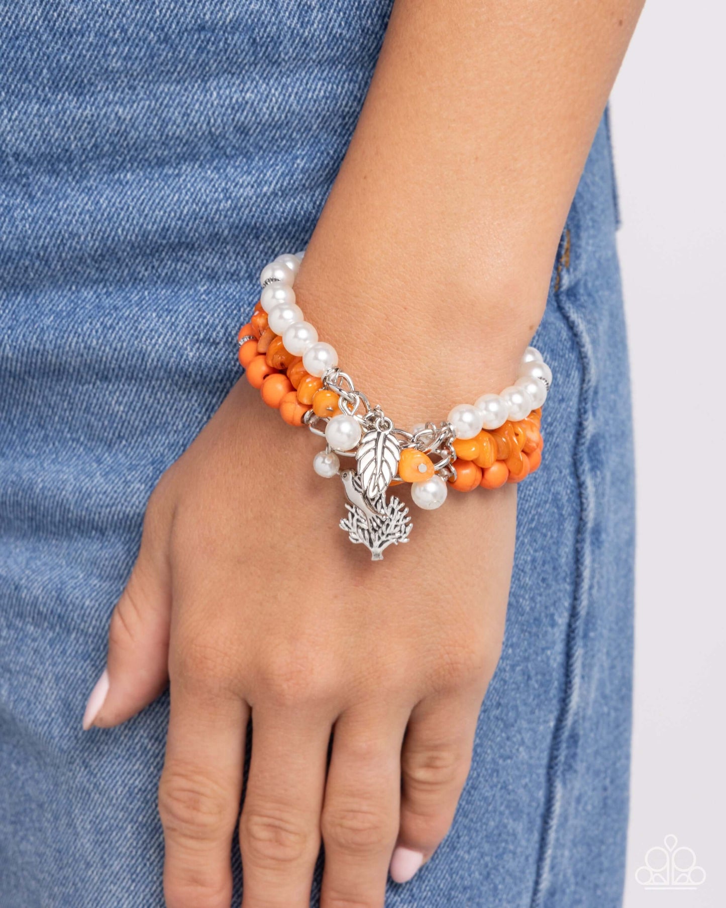 Canyonland Color - Orange Paparazzi Bracelet Accessories,Bracelet,Charms,Floral,Orange,Silver Accents,Stretchy