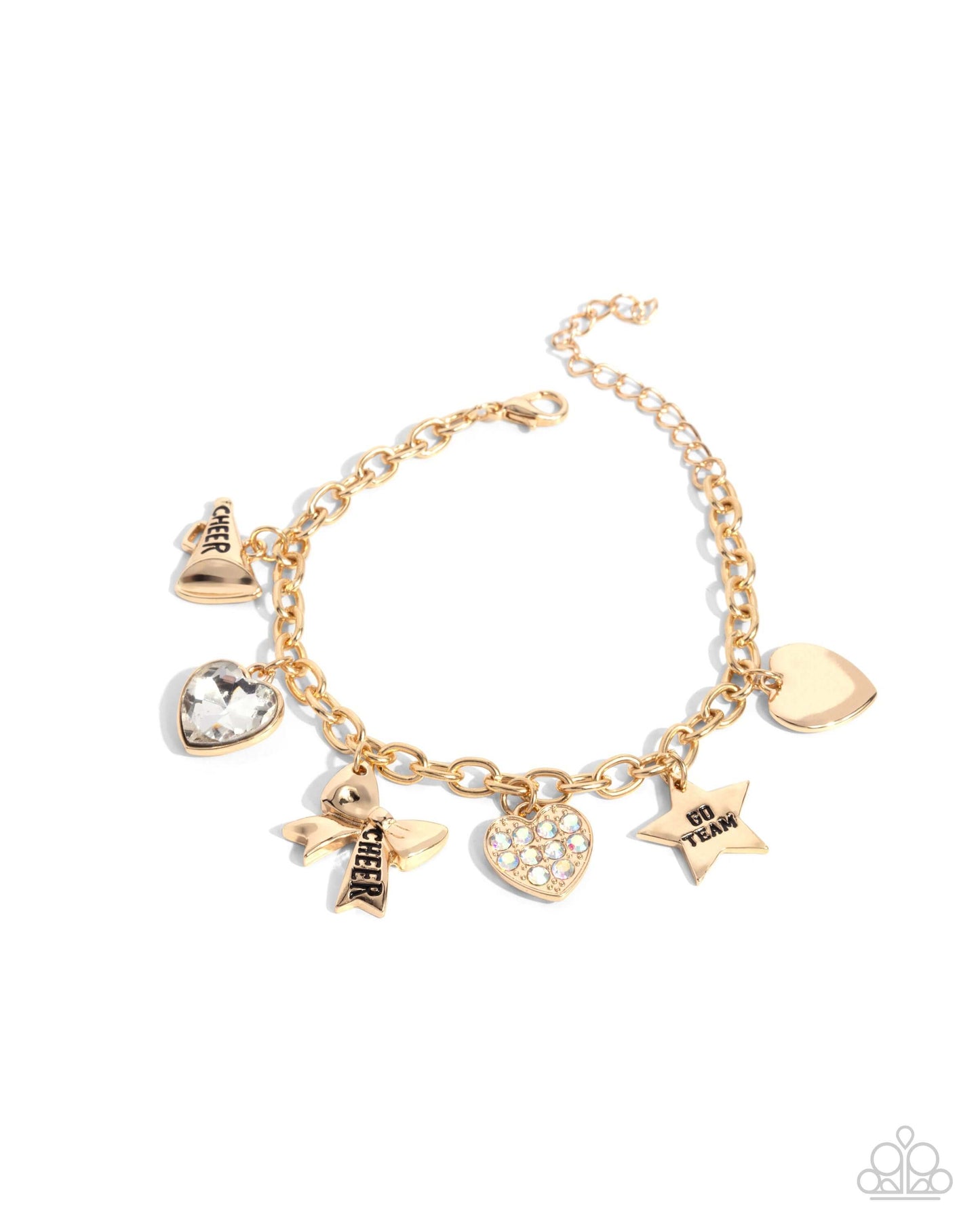 Cheerleading Camp - Gold Paparazzi Team Bracelet Accessories,Bracelet,Gold,Hearts,Sports