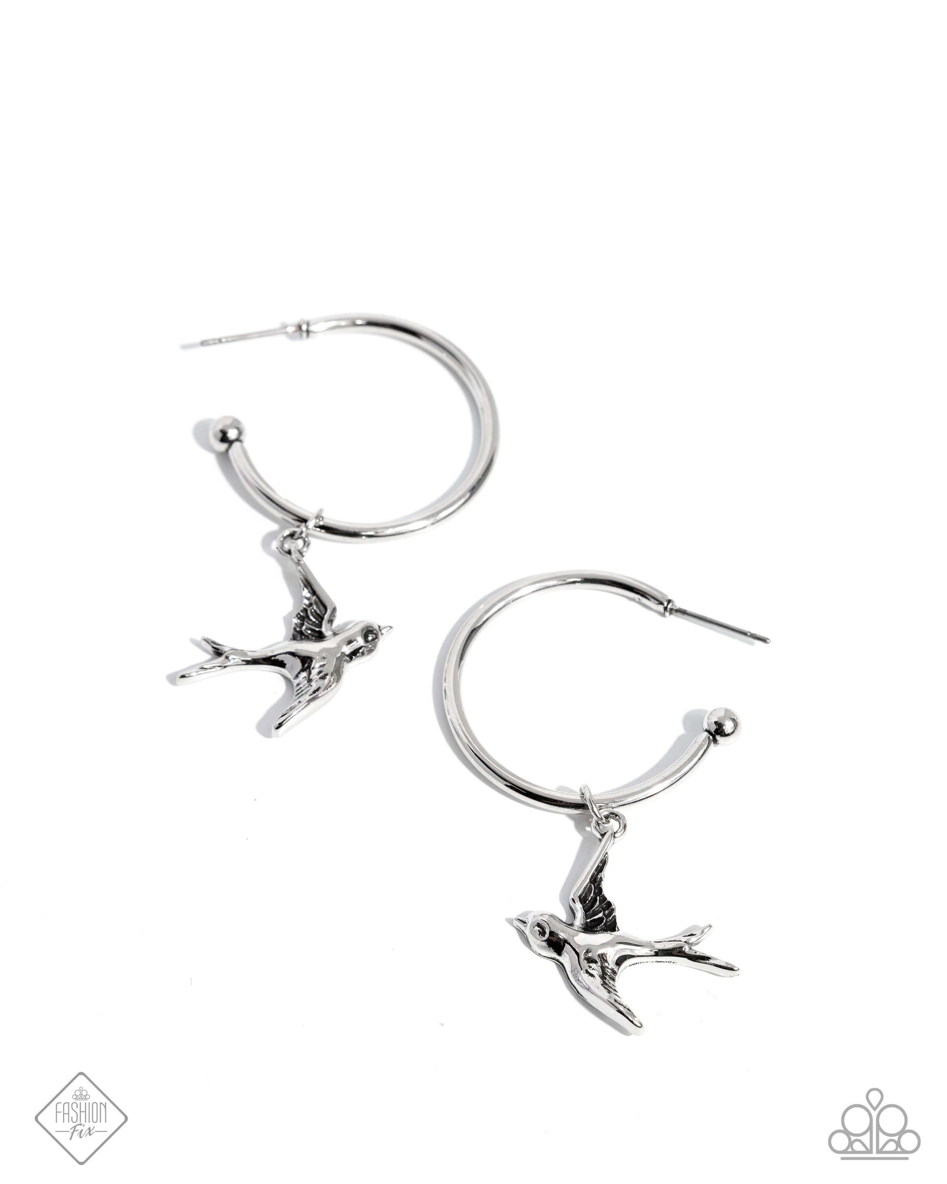 Meadowlark Memento - Silver Paparazzi Hoop Dove Earrings Accessories,earrings,Hoops,Silver