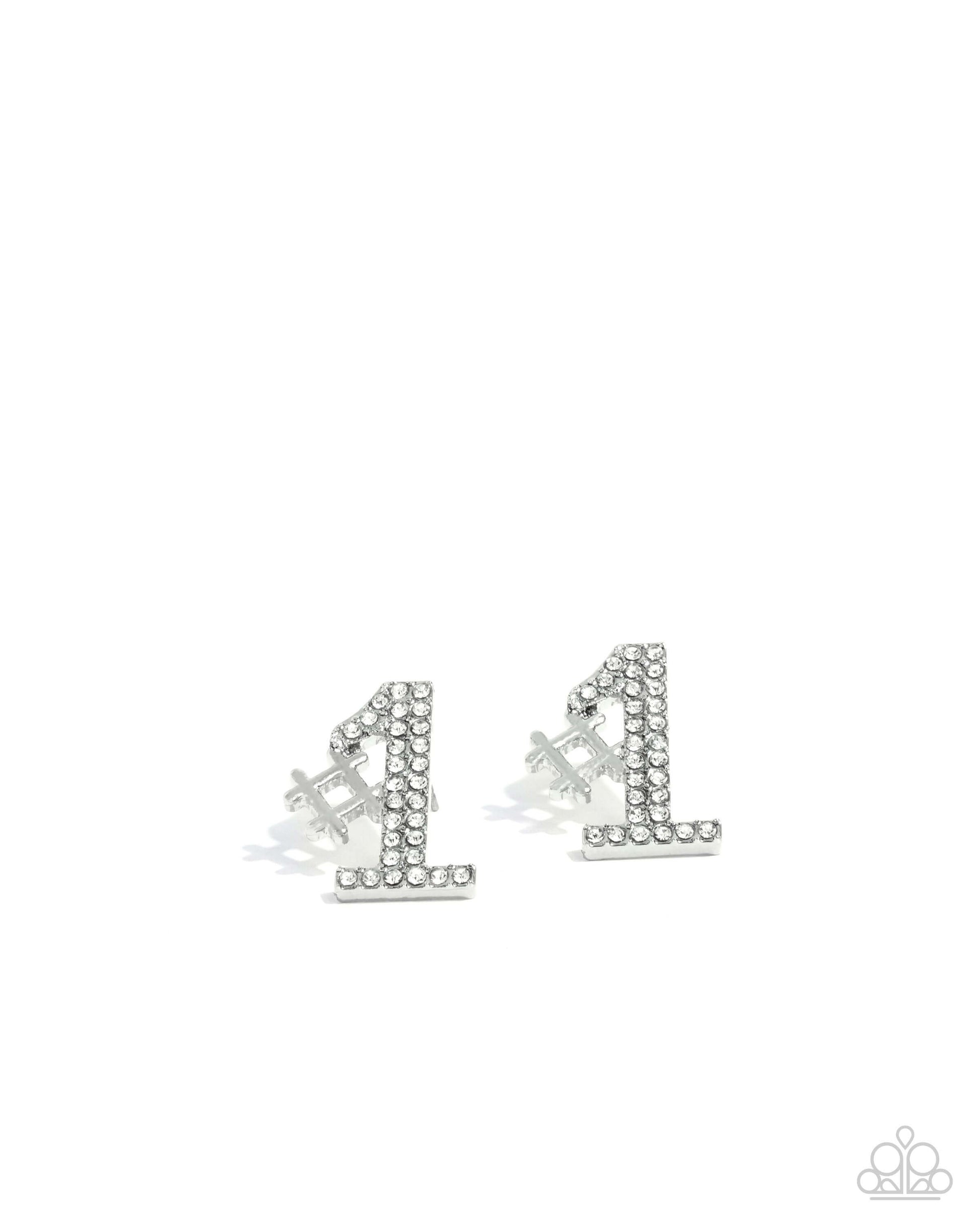 PREORDER ~ Were Number One, Youre Number Two - White Paparazzi Heart Earrings Accessories,earrings,Post,Silver,Sports,White rhinestones