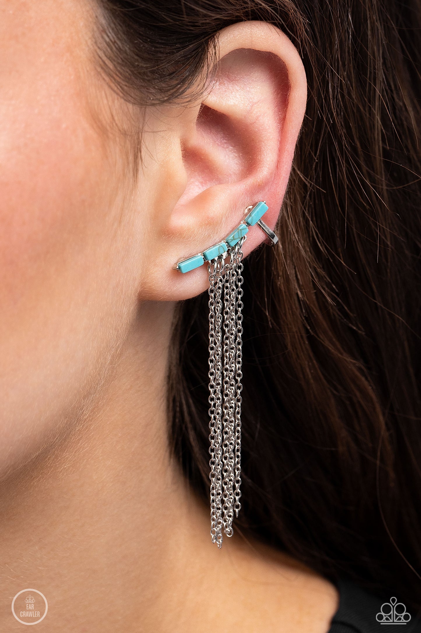 Fault Line Fringe - Blue Paparazzi Ear Crawler Earrings Turquoise Stone $5 Jewelry with Janet Morgan Earrings